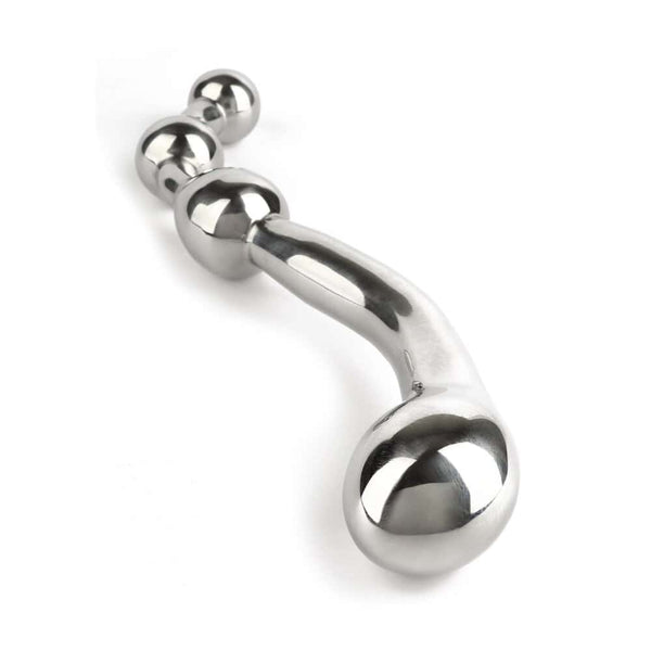 Wand Multi-Stim en acier inoxydable poli, forme incurvée avec extrémités sphériques, présenté sur fond blanc, sélection Brigade Mondaine Paris.