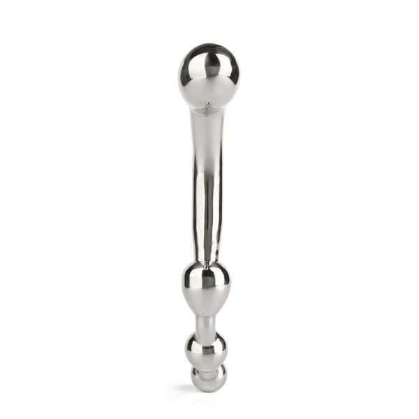 Wand Multi-Stim en acier inoxydable poli, forme incurvée avec extrémités sphériques, présenté sur fond blanc, sélection Brigade Mondaine Paris.
