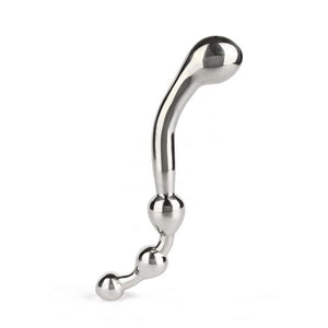 Wand Multi-Stim en acier inoxydable poli, forme incurvée avec extrémités sphériques, présenté sur fond blanc, sélection Brigade Mondaine Paris.