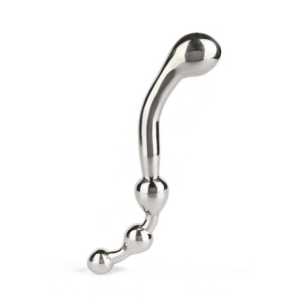 Wand Multi-Stim en acier inoxydable poli, forme incurvée avec extrémités sphériques, présenté sur fond blanc, sélection Brigade Mondaine Paris.