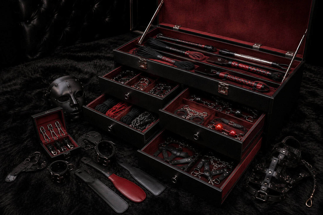 Rangement BDSM avec malle, coffret, menottes, fouets, paddles, cordes et accessoires de bondage