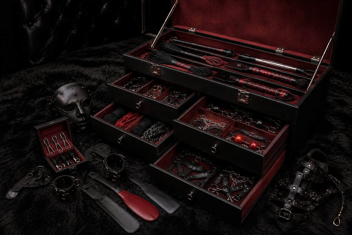 Rangement BDSM avec malle, coffret, menottes, fouets, paddles, cordes et accessoires de bondage
