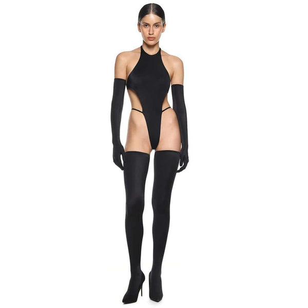 Femme Portant Le Body Lana Ouvert dans le Dos Biflex Ultra-Extensible Noir