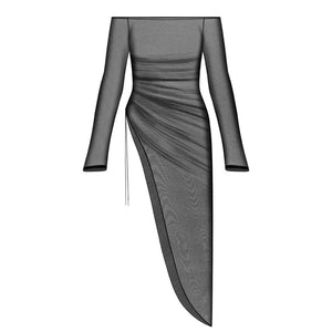 Packshot Robe Longue Fendue Semi Transparente en Maille Noir