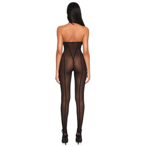 Femme De Dos Portant un Catsuit Noir Transparent En Maille Durable et Ultra-Extensible