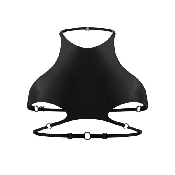 Top Stellare en biflex double signé Anoeses, dos nu avec bretelles réglables ornées d’anneaux métalliques – coupe graphique, maintien ajusté, fabrication artisanale.