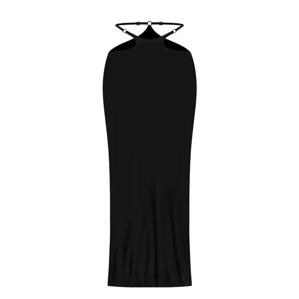 Jupe longue en biflex fluide et extensible signée Anoeses, ornée d’anneaux métalliques et dotée d’une fente haute ajustable – création artisanale et sensuelle.