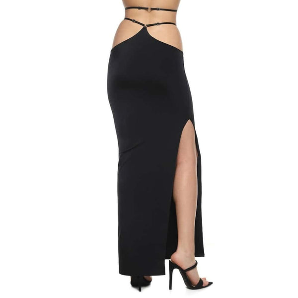 Jupe longue en biflex fluide et extensible signée Anoeses, ornée d’anneaux métalliques et dotée d’une fente haute ajustable – création artisanale et sensuelle.