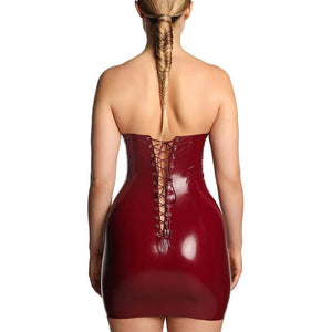 Anoeses Impulse Dress Latex Robe bustier “Impulse” en latex bordeaux signée ANOESES, avec laçage au dos, fines bretelles amovibles et finition ultra-ajustée – création sensuelle, artisanale et éthique.