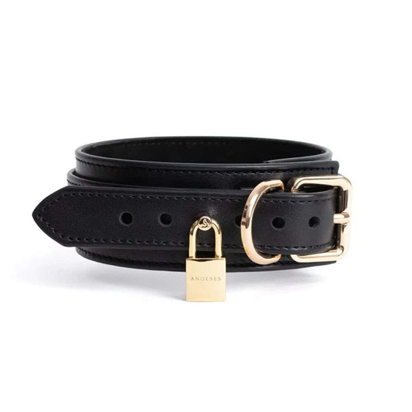 Packshot Collier Bondage en Cuir Souple Noir Doublure en daim et Quincaillerie Nickelé Doré