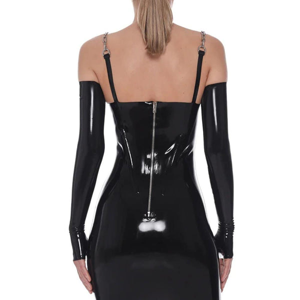 Robe en latex noir ANOESES vue de dos avec fermeture zippée centrale, bretelles réglables et manches longues séparées, présentée chez Brigade Mondaine Paris.