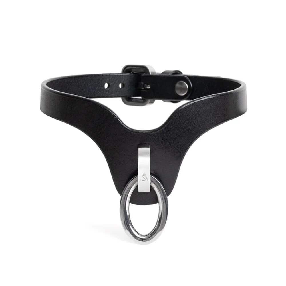 Collier choker en cuir noir avec anneau métallique argenté et boucle de fermeture.