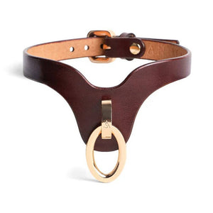Collier ras-de-cou en cuir bordeaux ANOESES avec grand anneau métallique central, porté sur le cou d’un mannequin, vue de trois-quarts sur fond blanc.