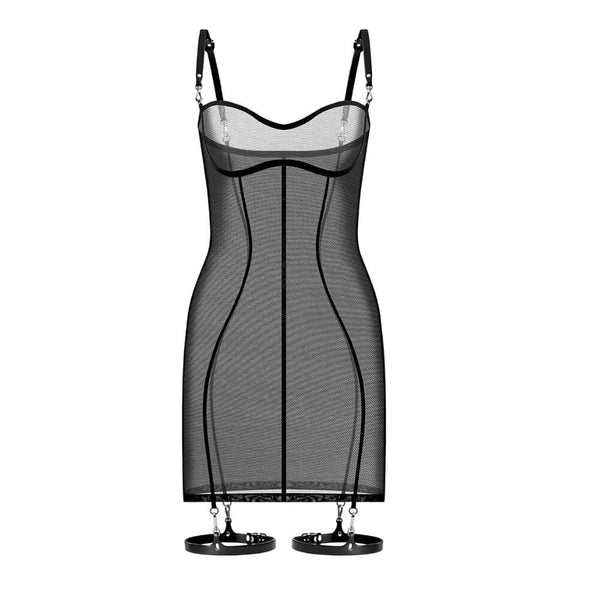 Robe en résille noir ultra-extensible et détails bretelles et jarretières en cuir naturel Noir détails Argentés