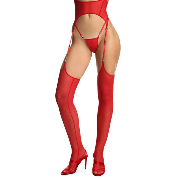 Porte-jarretelles et Bas Rouge en Résille Mesh technique haute durabilité et String en Résille Rouge avec Détails piercing