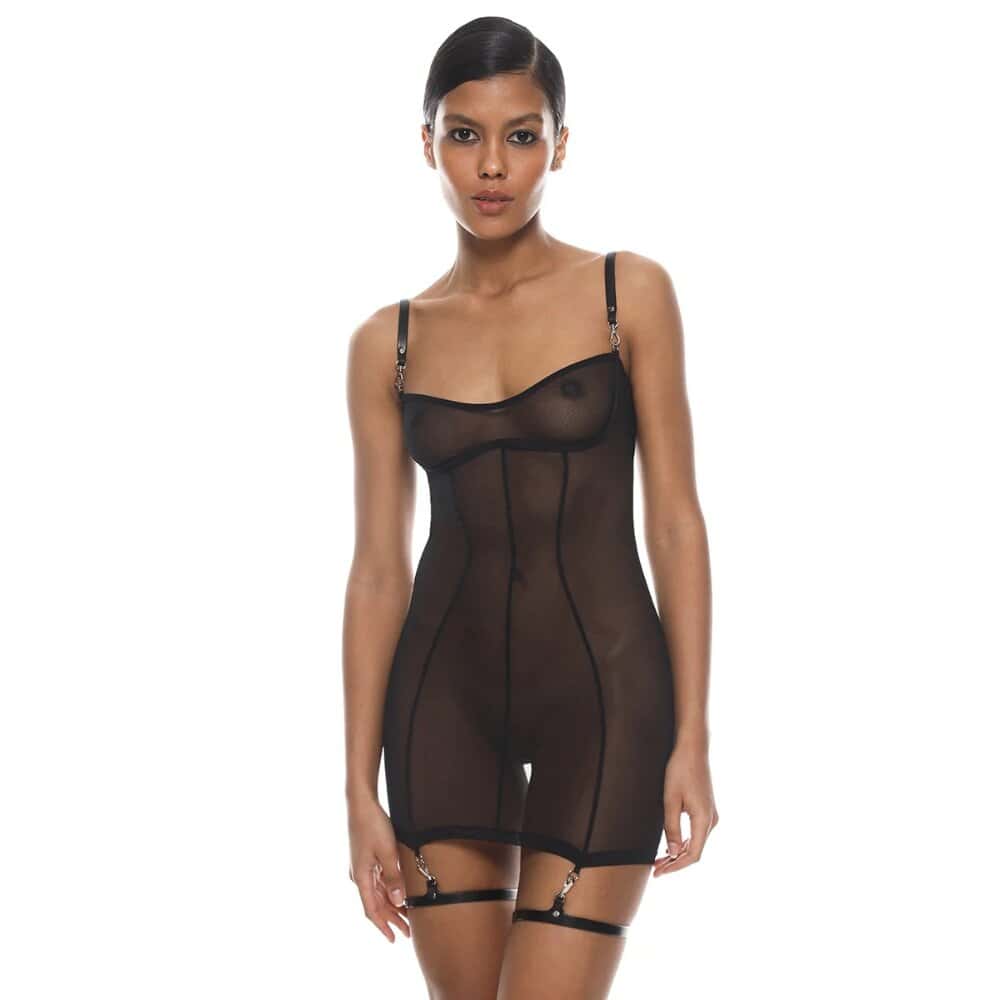 Robe en résille noir ultra-extensible et détails bretelles et jarretières en cuir naturel Noir détails Argentés