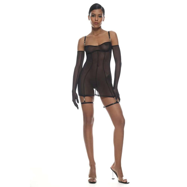 Robe en résille noir ultra-extensible et détails bretelles et jarretières en cuir naturel Noir détails Argentés