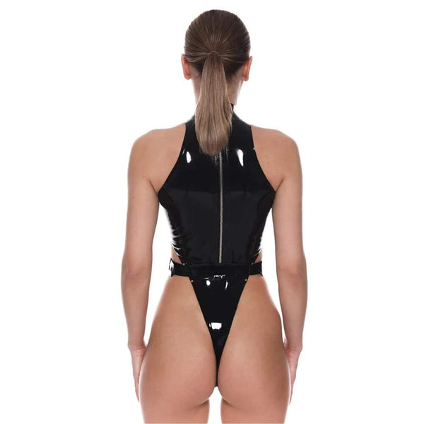 Femme de Dos Portant un Body en Latex naturel Noir Sangles Réglables avec Boucles