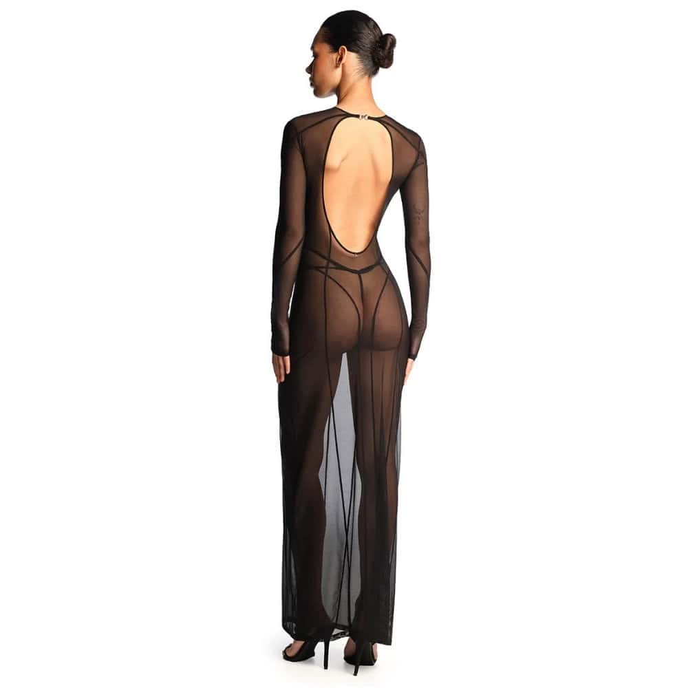 Robe longue ANOESES en mesh noir avec manches longues, lignes graphiques verticales et encolure haute