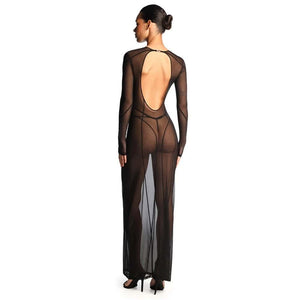 Robe longue ANOESES en mesh noir avec manches longues, lignes graphiques verticales et encolure haute