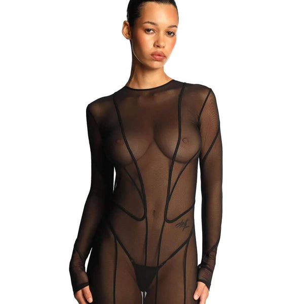Robe longue ANOESES en mesh noir avec manches longues, lignes graphiques verticales et encolure haute