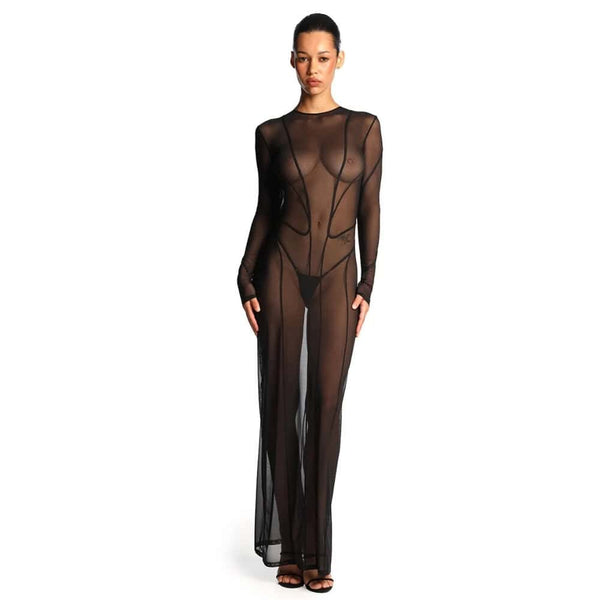 Robe longue ANOESES en mesh noir avec manches longues, lignes graphiques verticales et encolure haute