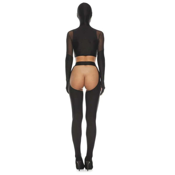 Ensemble en latex et mesh noir ANOESES avec soutien-gorge ouvert, caches-mamelons, bas taille haute découpé, manches longues et cagoule assortie, porté par un mannequin de profil sur fond blanc.