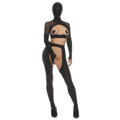 Ensemble en latex et mesh noir ANOESES avec soutien-gorge ouvert, caches-mamelons, bas taille haute découpé, manches longues et cagoule assortie, porté par un mannequin de profil sur fond blanc.