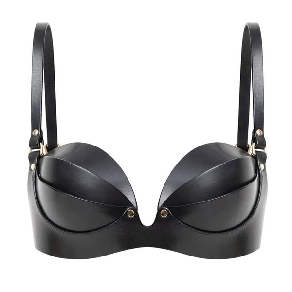 Soutien-gorge ANOESIS en cuir noir avec armatures, sangles réglables et finitions métalliques dorées, porté avec un string assorti sur fond blanc.