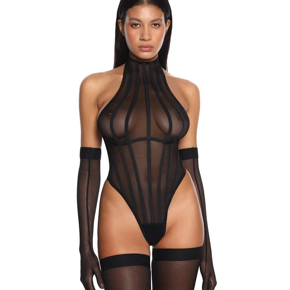 Body ANOESES en mesh noir avec lignes graphiques structurées et col montant