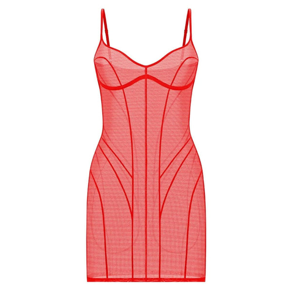 Robe courte ANOESES en mesh rouge avec fines bretelles, découpes structurantes et bonnets intégrés, présentée sur fond blanc.