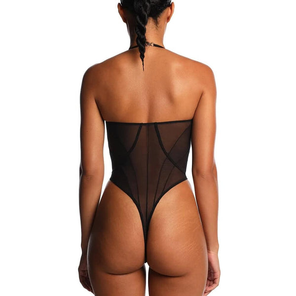 Body ANOESES en mesh noir avec armatures, découpes verticales structurantes et fines bretelles, présenté sur fond blanc.