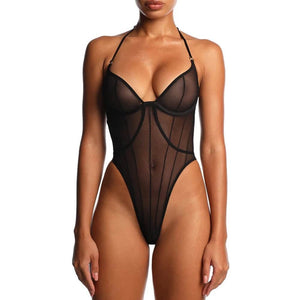 Body ANOESES en mesh noir avec armatures, découpes verticales structurantes et fines bretelles, présenté sur fond blanc.