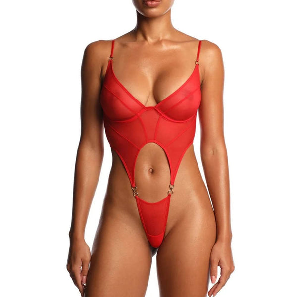 Body ANOESES en mesh rouge avec découpes centrales et détails métalliques, porté par un mannequin sur fond blanc.