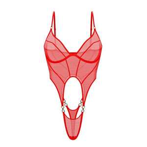Body ANOESES en mesh rouge avec découpes centrales et détails métalliques, porté par un mannequin sur fond blanc.
