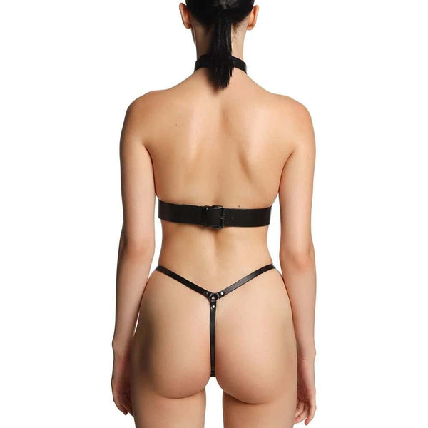 Harnais Modulable Bondage en Cuir Noir avec Anneau Métal de Dos