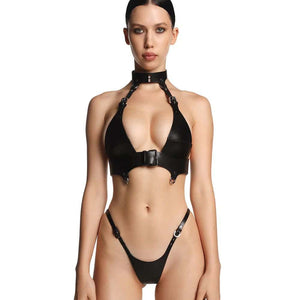 Harnais Modulable Bondage en Cuir Noir avec Anneau Metal