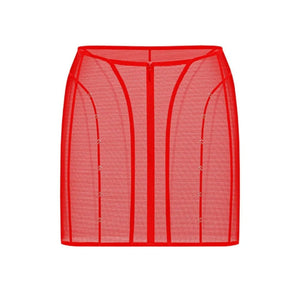 Vue dos d’une jupe en tulle rouge ANOESES, coupe ajustée avec lignes graphiques verticales et petits crochets décoratifs, transparence légère et esthétique fétiche haut de gamme Brigade Mondaine Paris.