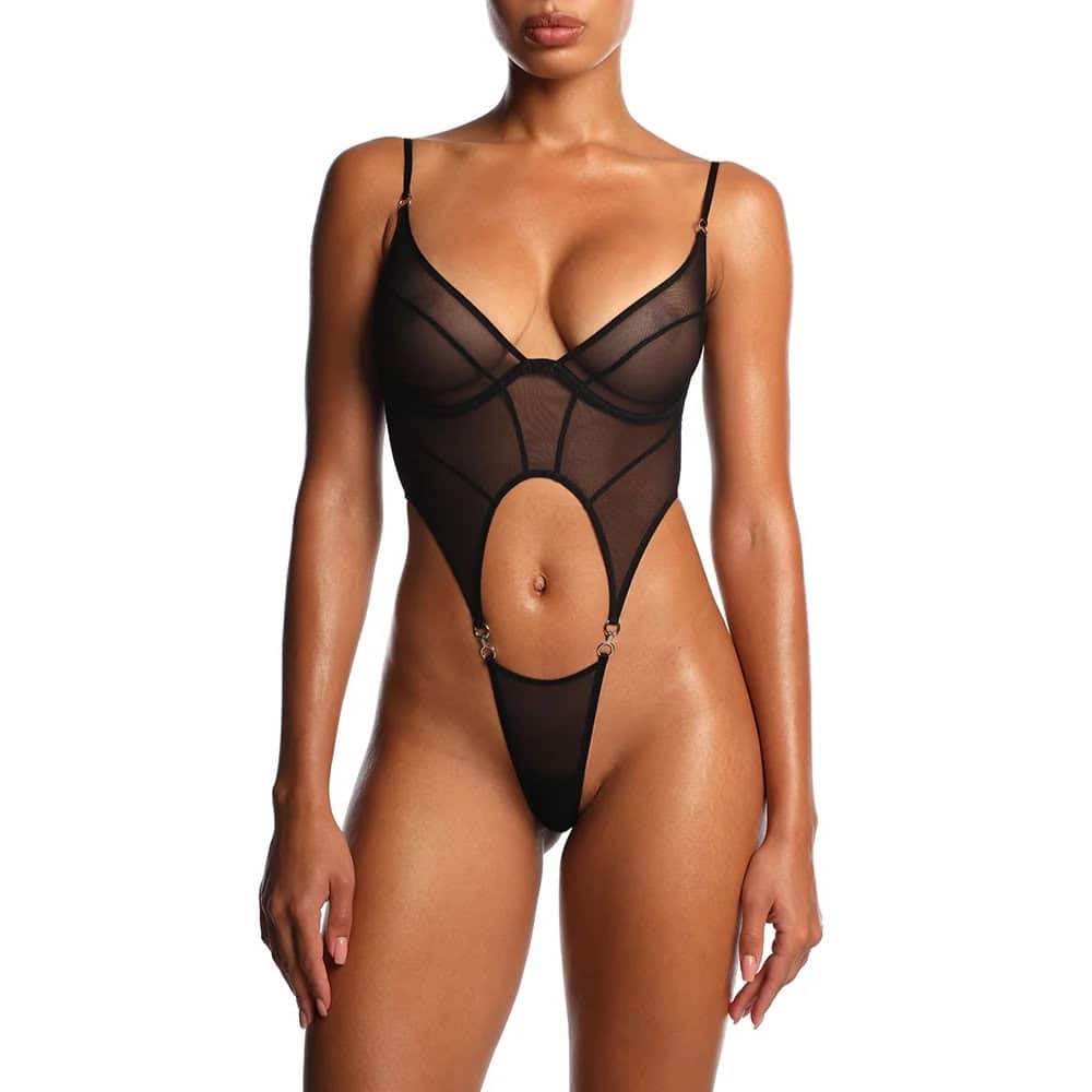 Body en tulle noir ANOESES avec découpe centrale et lignes structurées, conçu pour souligner la silhouette avec caractère. Sélection Brigade Mondaine Paris.