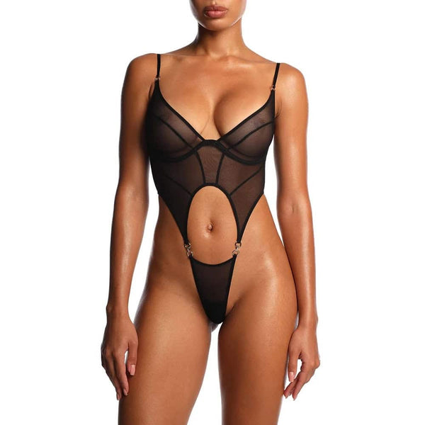 Body en tulle noir ANOESES avec découpe centrale et lignes structurées, conçu pour souligner la silhouette avec caractère. Sélection Brigade Mondaine Paris.
