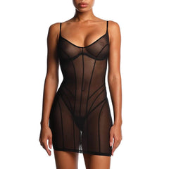 Robe en tulle noir ANOESES présentée à plat, coupe ajustée avec bretelles fines et lignes graphiques verticales, design structuré et esthétique fétiche haut de gamme Brigade Mondaine Paris.