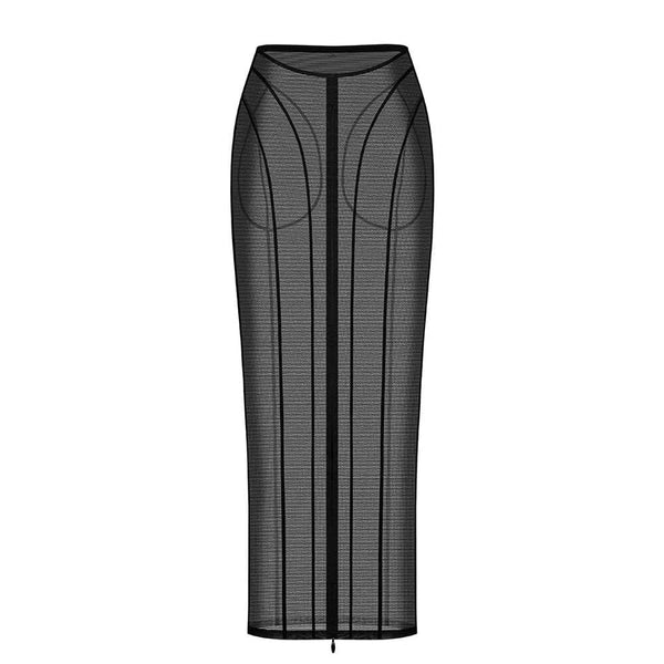 Jupe fendue en tulle noir ANOESES portée par un modèle féminin debout, coupe midi ajustée avec fente centrale et lignes structurées, transparence légère et esthétique fétiche haut de gamme Brigade Mondaine Paris.