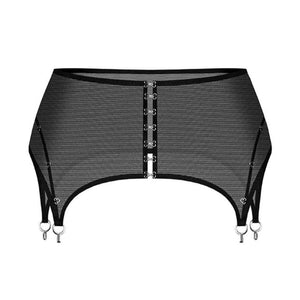 Vue dos d’un porte-jarretelles ANOESES en tulle noir, coupe taille haute avec jarretelles ajustables et anneaux métalliques, porté avec un string assorti, esthétique fétiche haut de gamme Brigade Mondaine Paris.