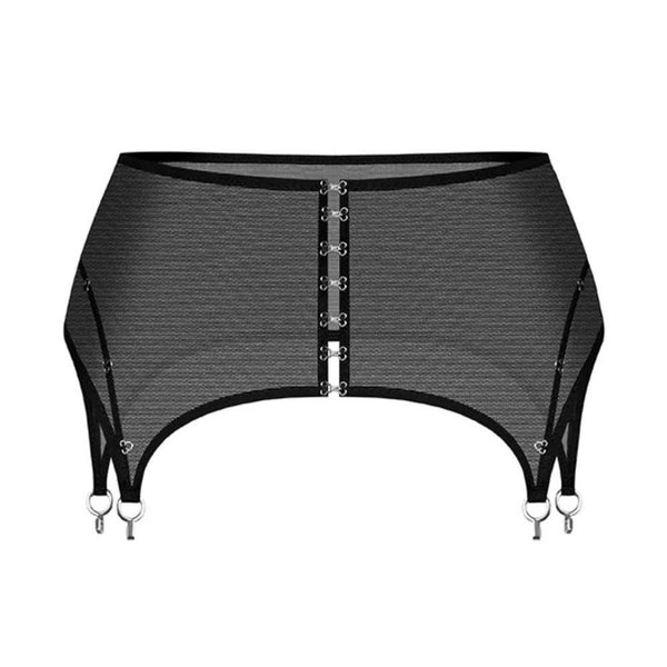 Vue dos d’un porte-jarretelles ANOESES en tulle noir, coupe taille haute avec jarretelles ajustables et anneaux métalliques, porté avec un string assorti, esthétique fétiche haut de gamme Brigade Mondaine Paris.