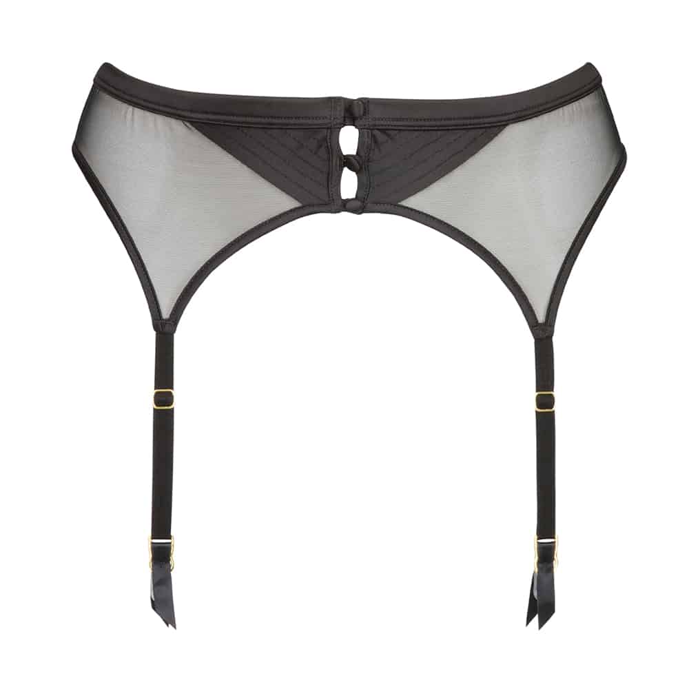 Porte-jarretelle en satin et mesh noir avec bouton de satin collection Douce Insomnie par Atelier Amour chez Brigade Mondaine