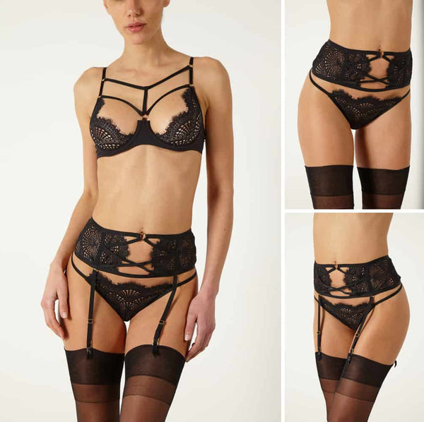 Ensemble de lingerie en dentelle noire circulaire avec g-string et soutien-gorge semi-ouvert avec croisé sur la gorge et porte-jarretelle croisé Atelier Amour chez Brigade Mondaine