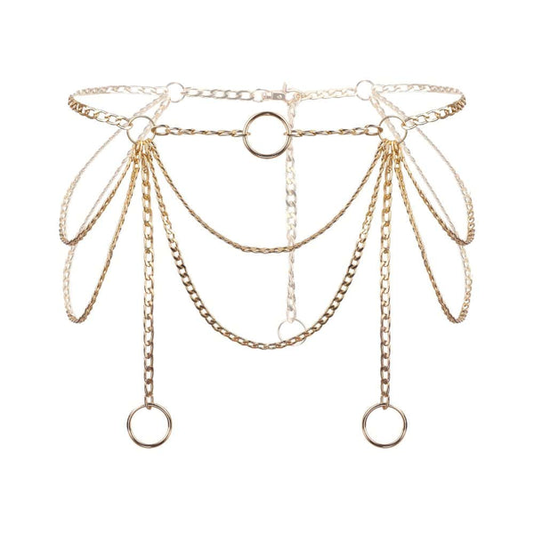 Harnais bijou de corps avec un jeu de chaînes dorées finement agencées. Le set comprend 2 harnais bijoux Design ajustable à porter en superposition ou seul