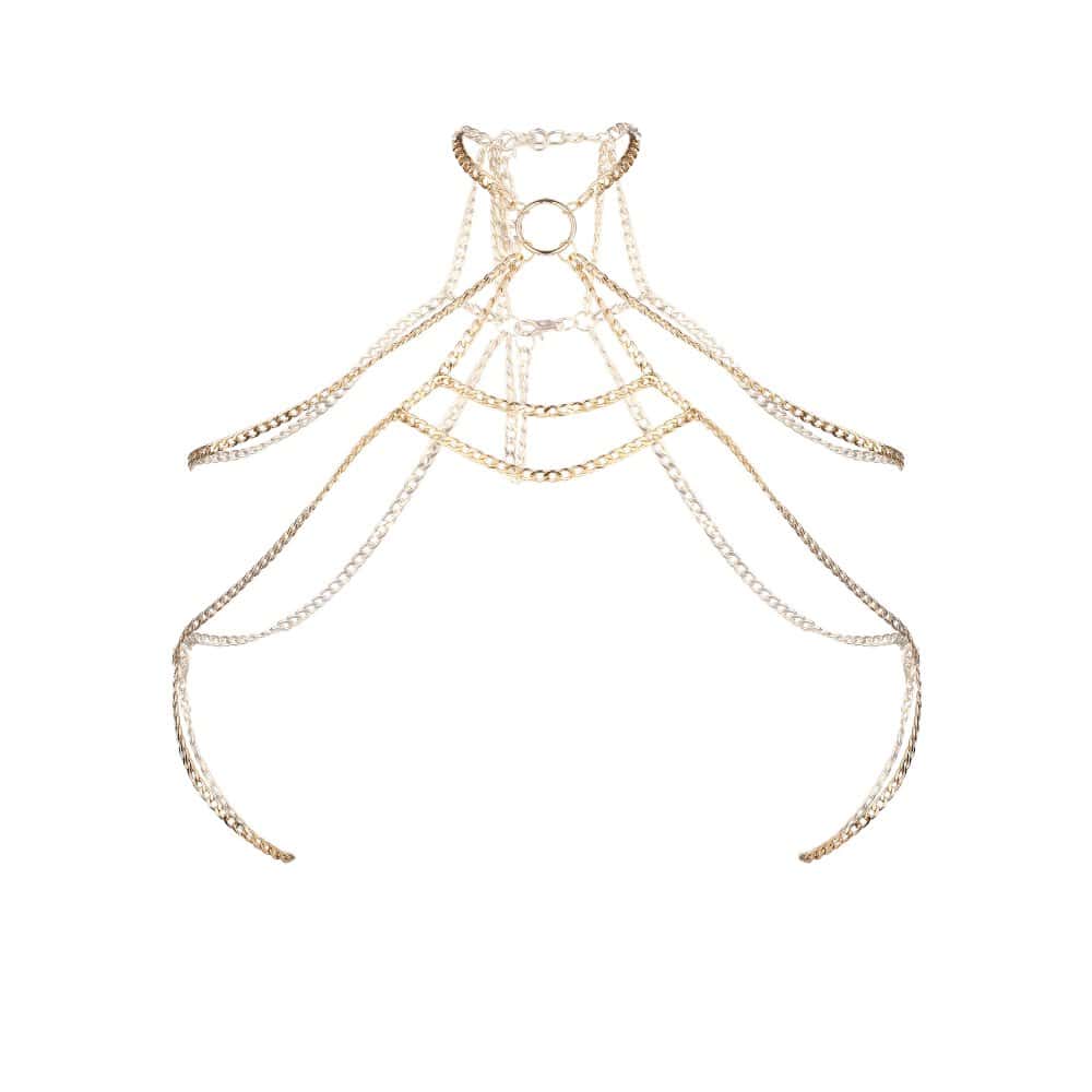 Harnais bijou de corps avec un jeu de chaînes dorées finement agencées. Le set comprend 2 harnais bijoux Design ajustable à porter en superposition ou seul