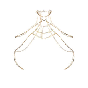 Harnais bijou de corps avec un jeu de chaînes dorées finement agencées. Le set comprend 2 harnais bijoux Design ajustable à porter en superposition ou seul