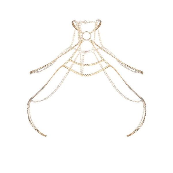Harnais bijou de corps avec un jeu de chaînes dorées finement agencées. Le set comprend 2 harnais bijoux Design ajustable à porter en superposition ou seul